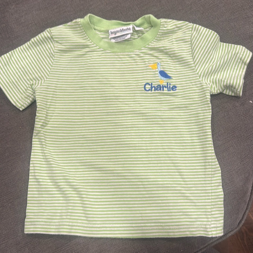 “Charlie” monogrammed green striped shirt